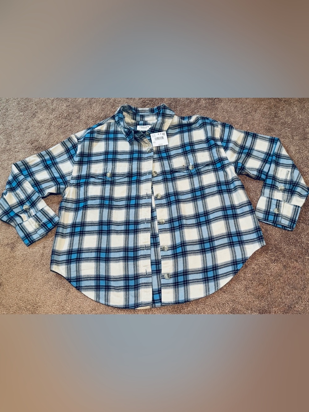 NWT * American Eagle Blue & Ivory Plaid Button-Up Flannel Shirt, Med